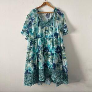 Sundance Blue and Green Floral Tiered Lined Short Sleeve Sundress Size XXL
